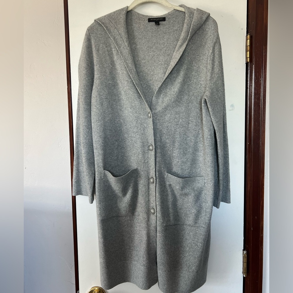 Banana Republic long hooded cardigan. Straight fit, not boxy.